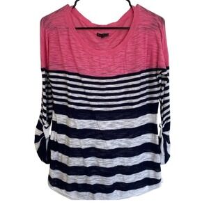 Express Striped Knit Top Roll-Up Sleeve Pink Blue White Casual lightweight  SZ M